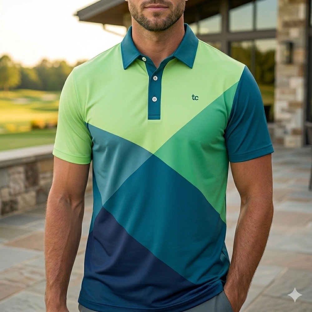 Tipsy Elves Mens Golf Polo Shirt XL Green Blue Geometric Colorblock Performance